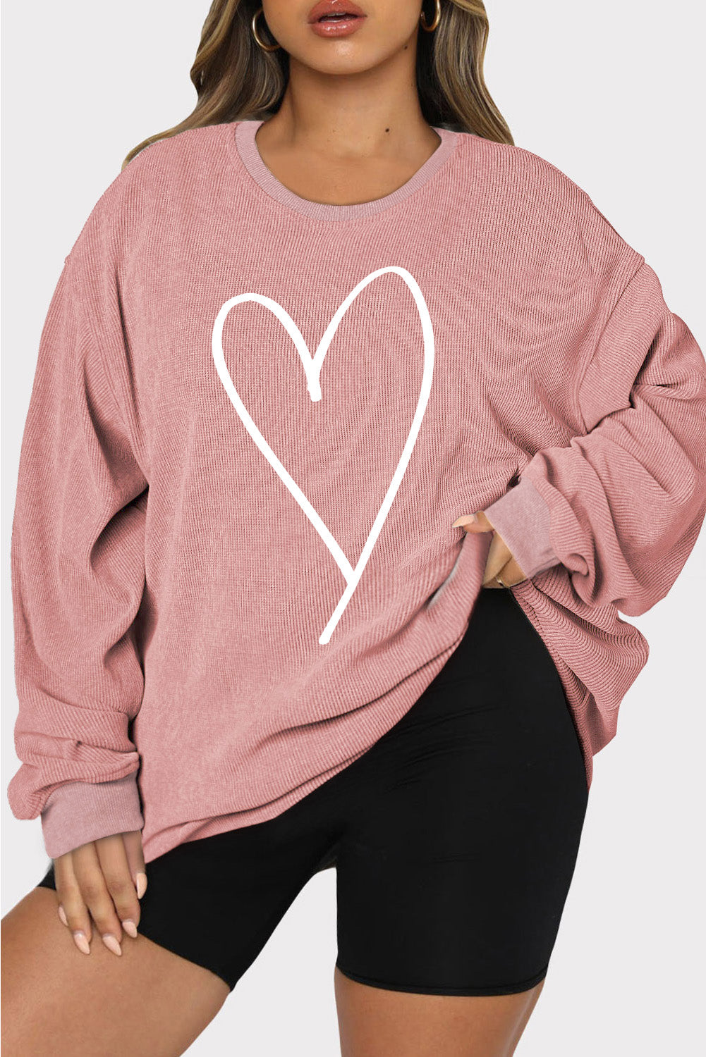 Plus Size Heart Ribbed Round Neck Sweatshirt